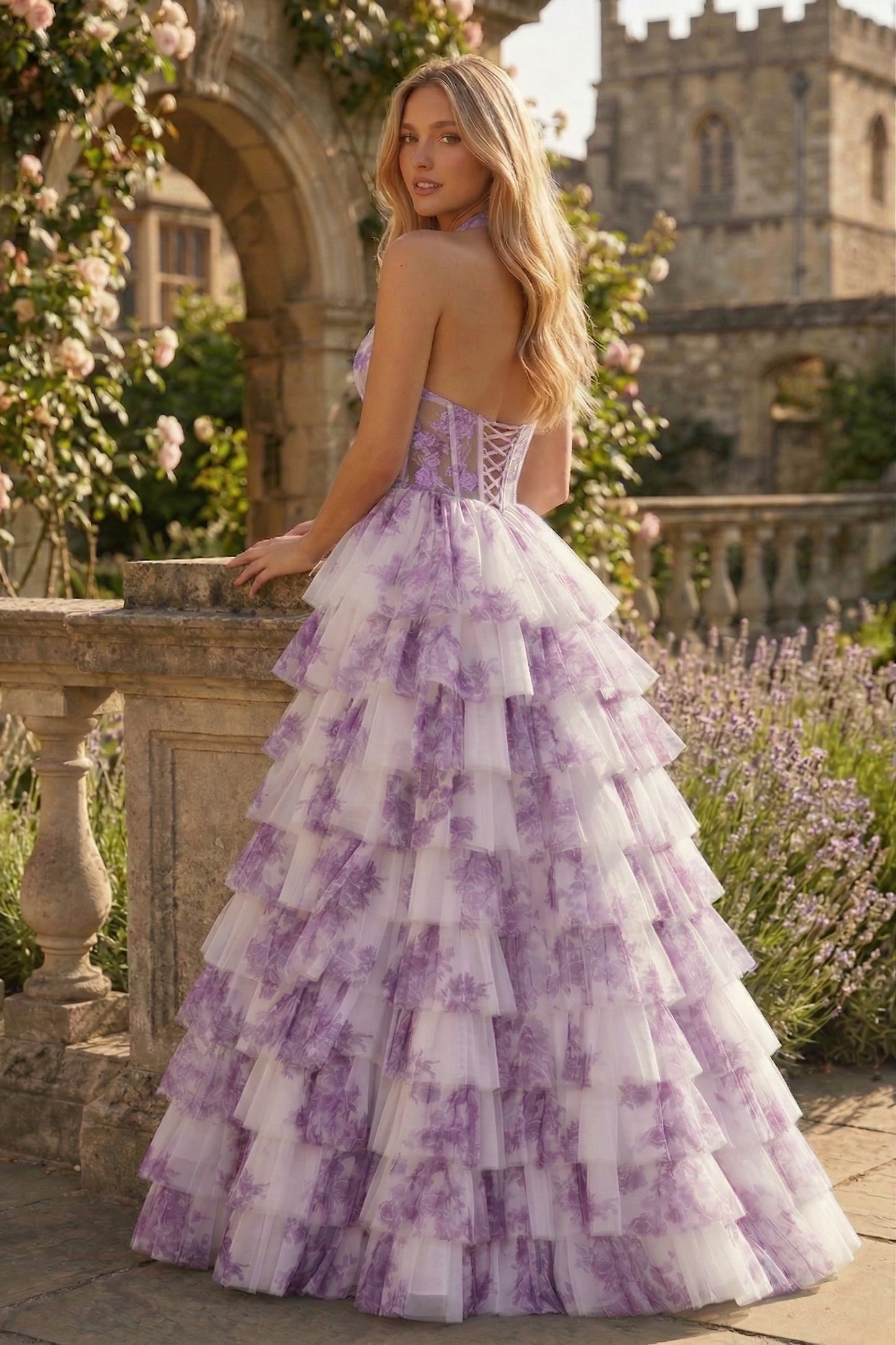 Halter Keyhole Floral Tulle Tiered Ball Gown Prom Dress with Corset Back | Sevoba