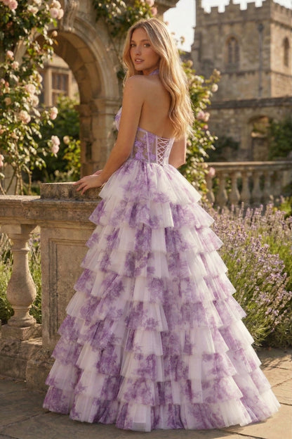 Halter Keyhole Floral Tulle Tiered Ball Gown Prom Dress with Corset Back | Sevoba