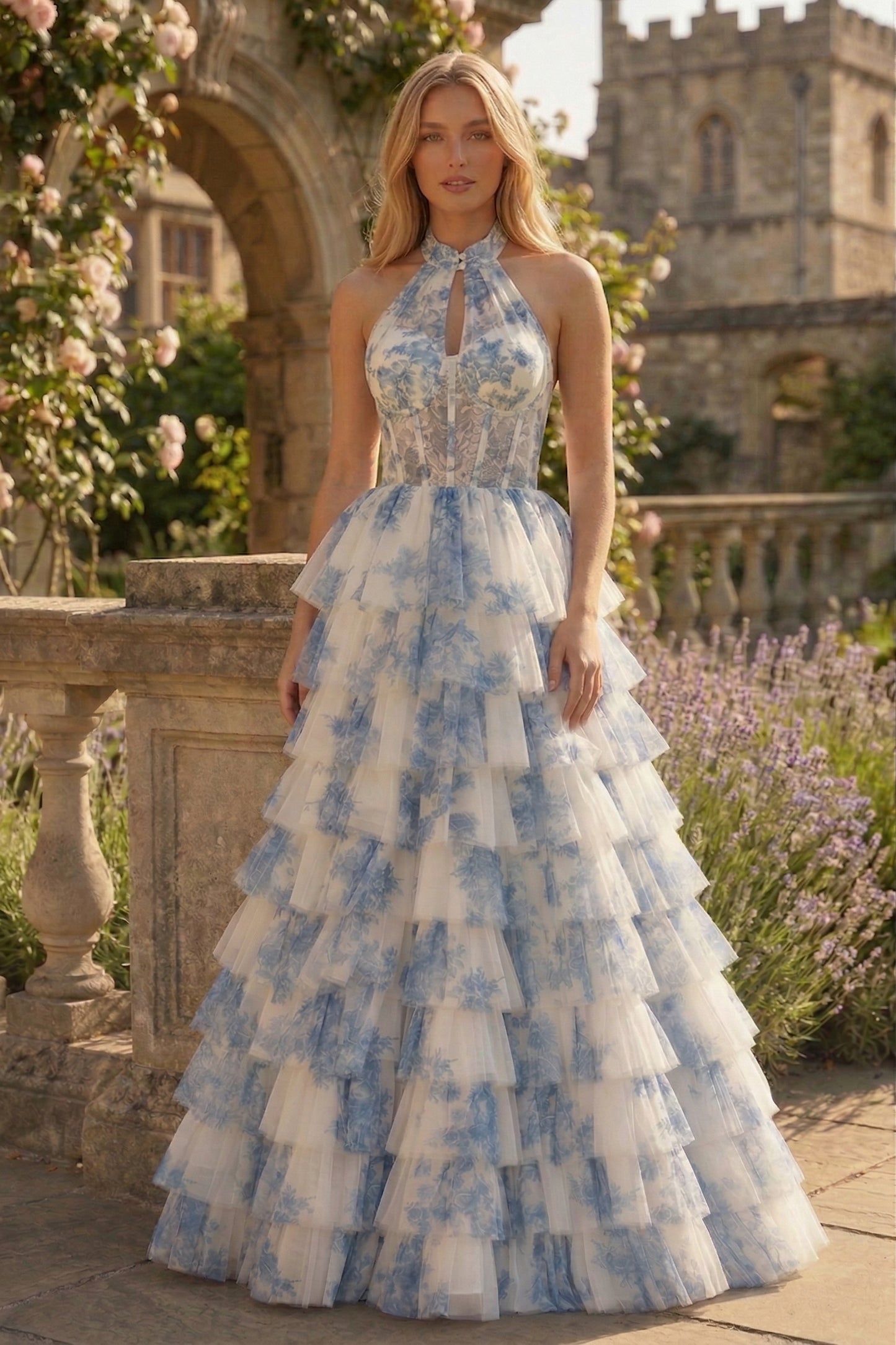 Halter Keyhole Floral Tulle Tiered Ball Gown Prom Dress with Corset Back | Sevoba