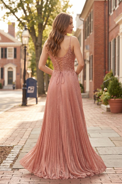 V Neck Applique Lace Pleated A-Line Prom Dress with Lace-Up Back | Sevoba