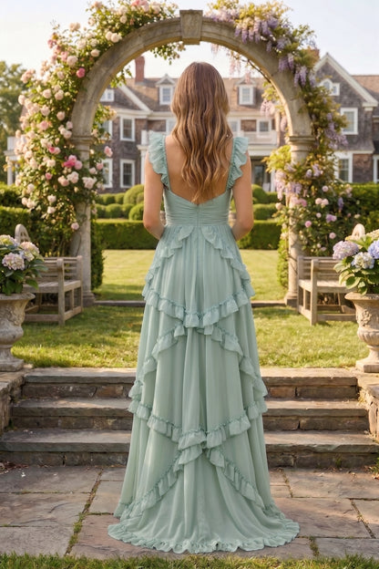 Sweetheart Cutout Ruffle Strap Tiered Chiffon A-Line Prom Dress | Sevoba