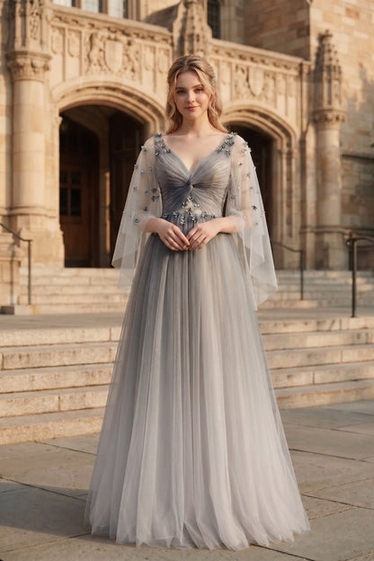 V Neck Applique Tulle A-Line Prom Dress with Sheer Sleeves and Lace-Up Back | Sevoba