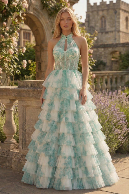 Halter Keyhole Floral Tulle Tiered Ball Gown Prom Dress with Corset Back | Sevoba