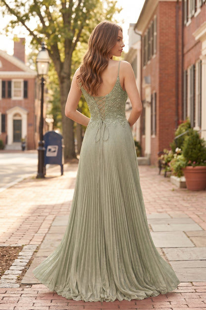 V Neck Applique Lace Pleated A-Line Prom Dress with Lace-Up Back | Sevoba