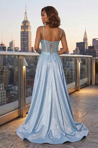 Spaghetti Strap Sheer Beaded Corset A-Line Prom Dress with Lace-Up Back & High Slit | Sevoba