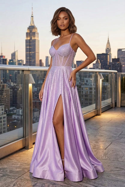 Spaghetti Strap Sheer Beaded Corset A-Line Prom Dress with Lace-Up Back & High Slit | Sevoba