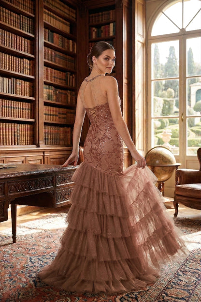 Illusion Neck Beaded Lace Mermaid Prom Dress with Tiered Tulle Skirt | Sevoba