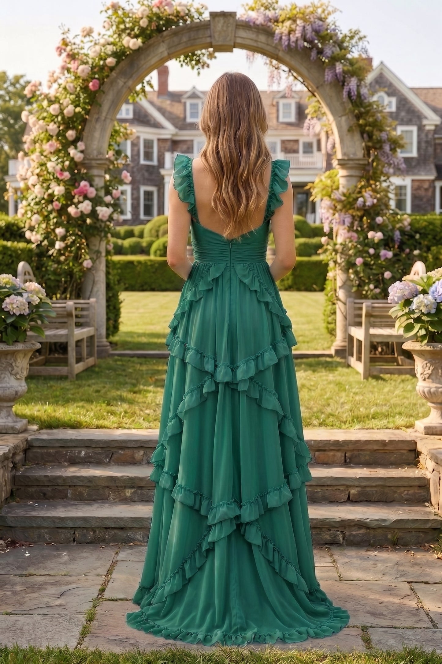 Sweetheart Cutout Ruffle Strap Tiered Chiffon A-Line Prom Dress | Sevoba