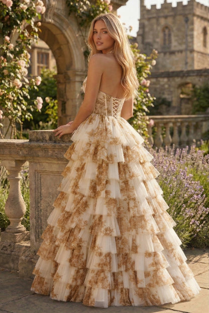 Halter Keyhole Floral Tulle Tiered Ball Gown Prom Dress with Corset Back | Sevoba