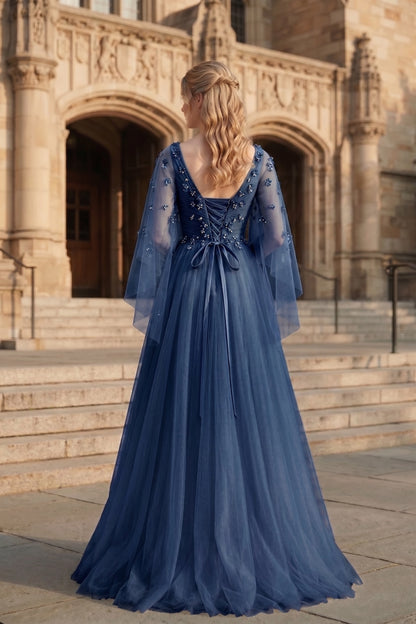 V Neck Applique Tulle A-Line Prom Dress with Sheer Sleeves and Lace-Up Back | Sevoba