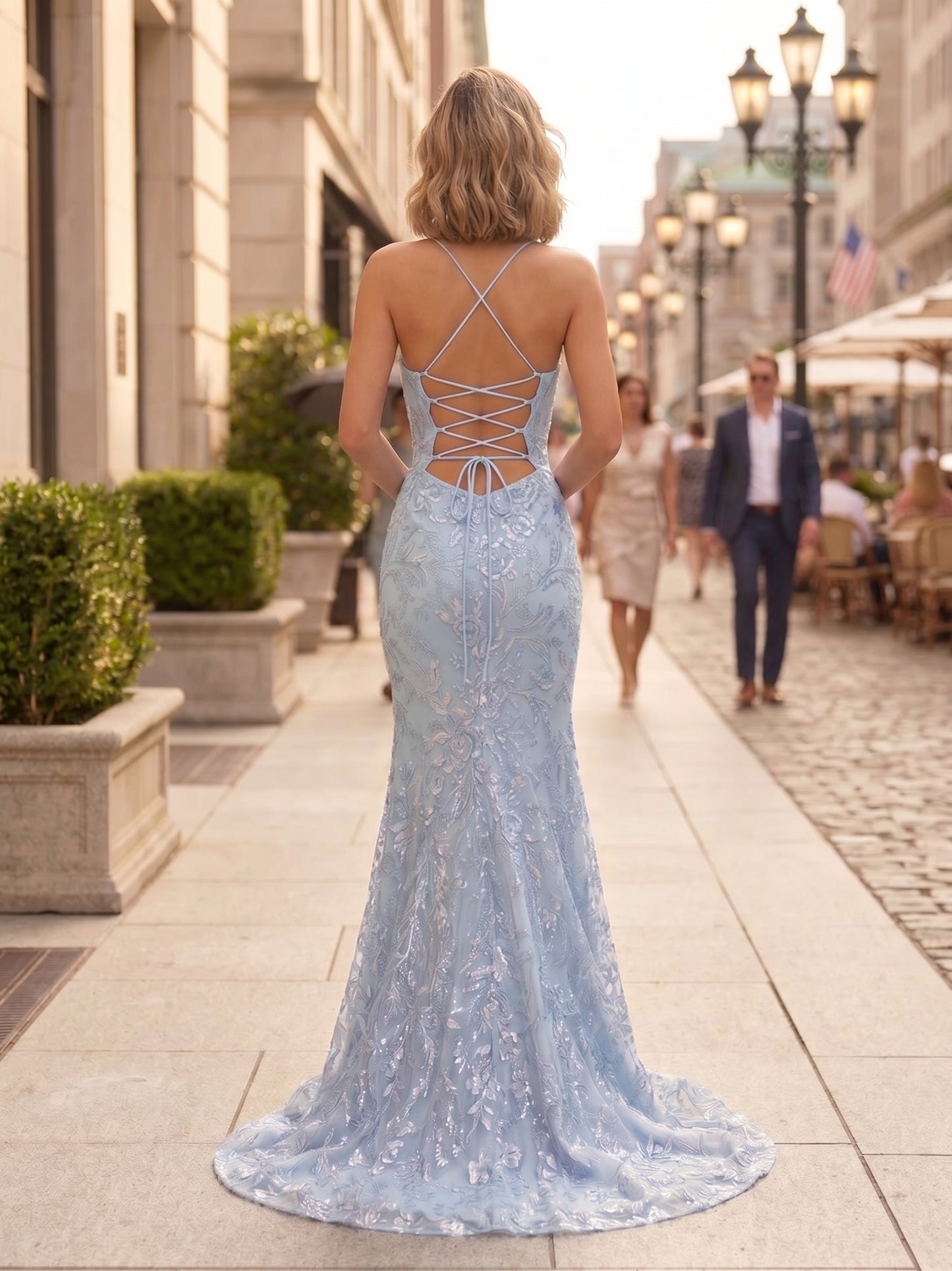 Spaghetti Strap Square Neck Embellished Lace Mermaid Prom Dress with Lace-Up Back | Sevoba