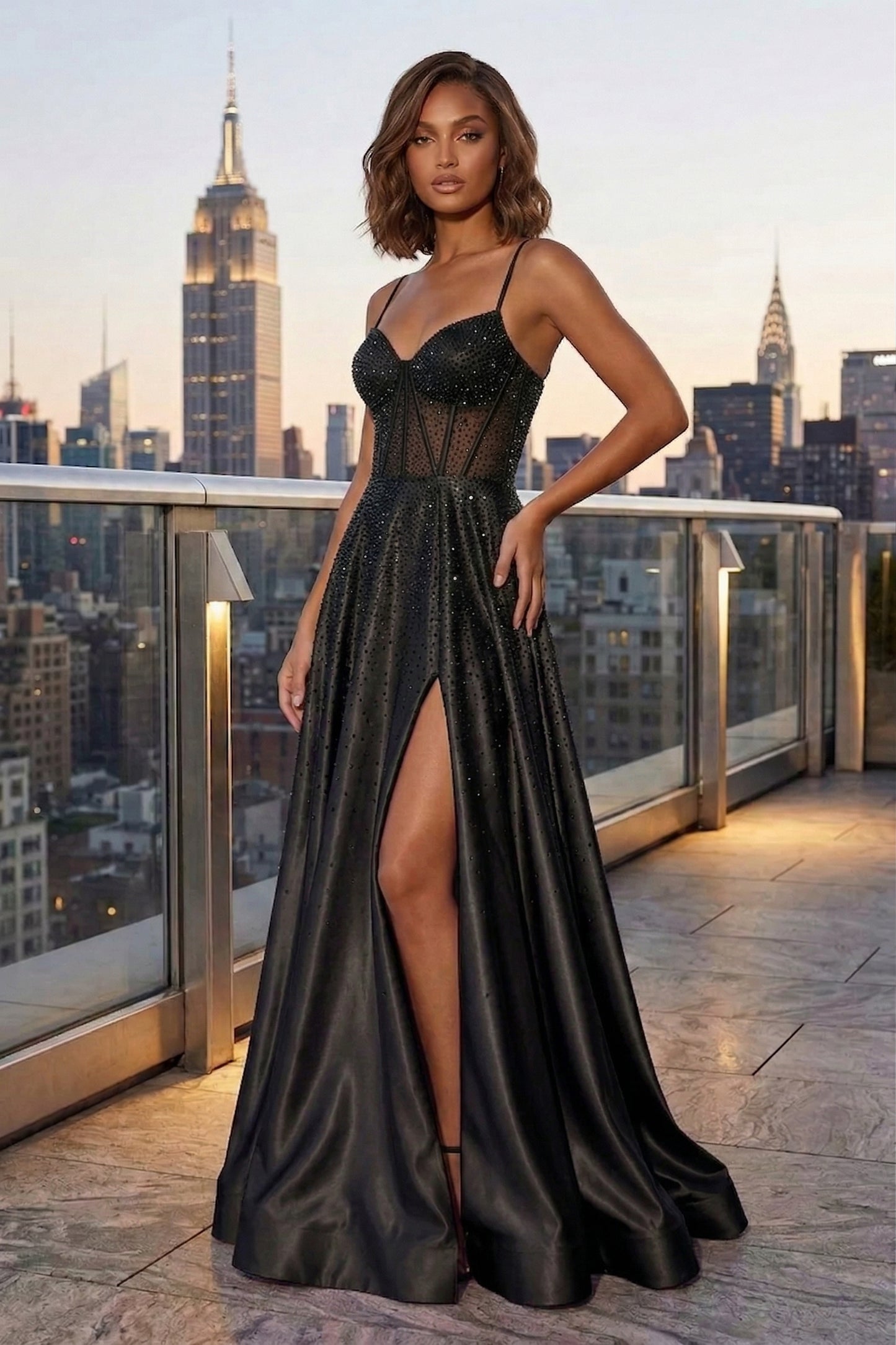 Spaghetti Strap Sheer Beaded Corset A-Line Prom Dress with Lace-Up Back & High Slit | Sevoba