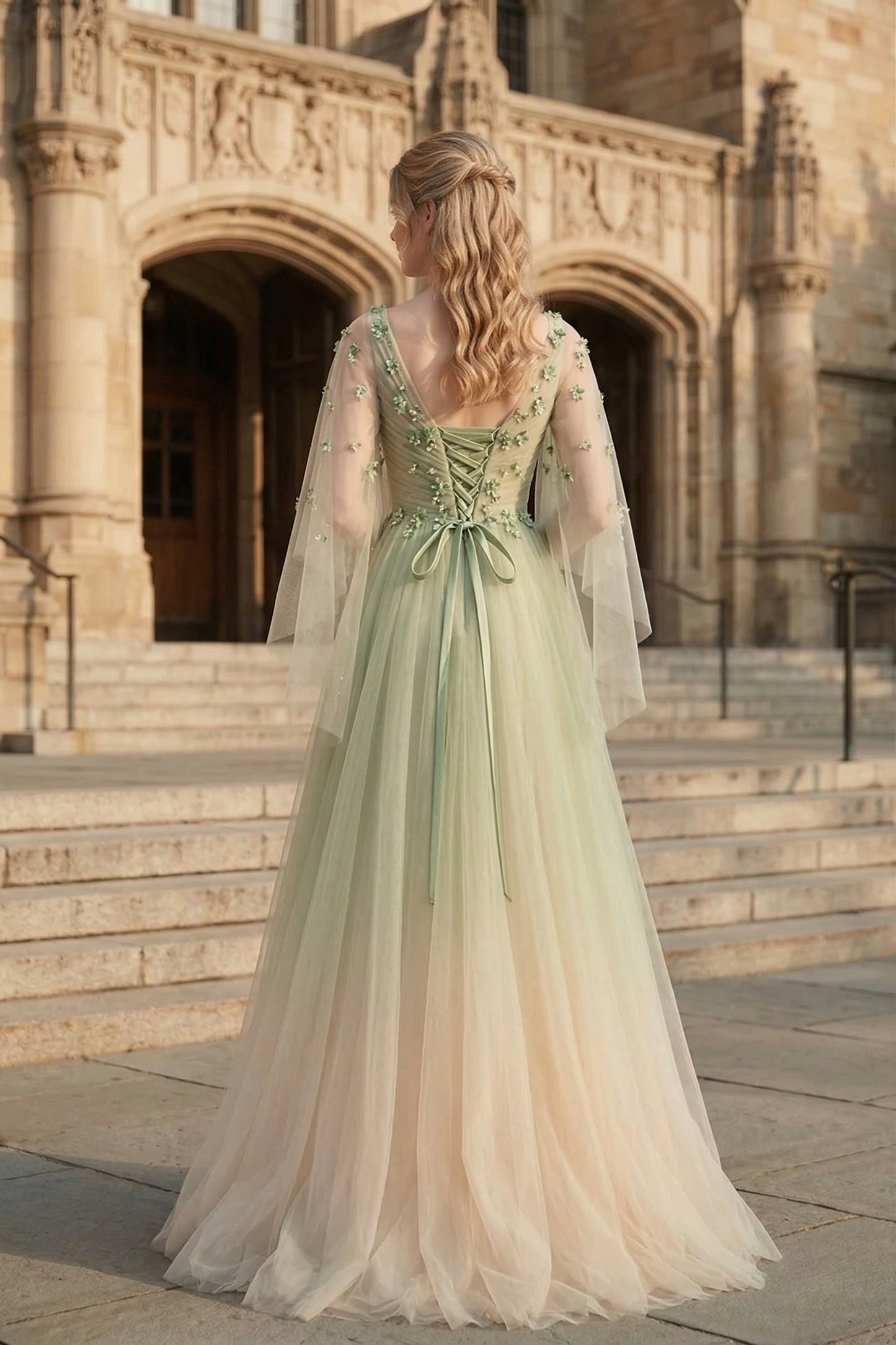 V Neck Applique Tulle A-Line Prom Dress with Sheer Sleeves and Lace-Up Back | Sevoba