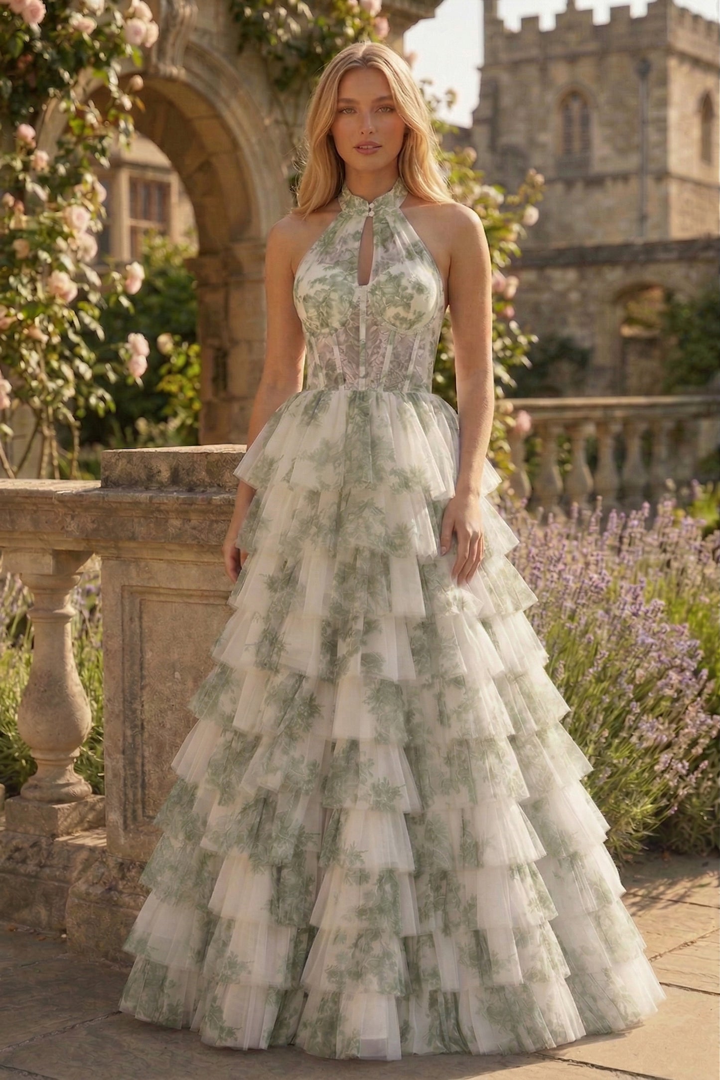 Halter Keyhole Floral Tulle Tiered Ball Gown Prom Dress with Corset Back | Sevoba