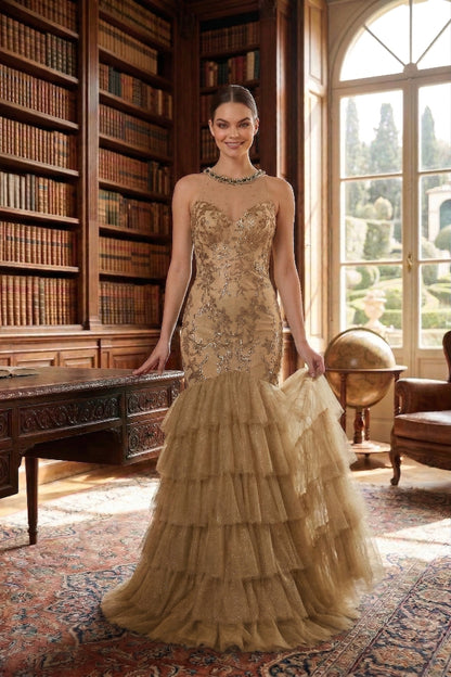 Illusion Neck Beaded Lace Mermaid Prom Dress with Tiered Tulle Skirt | Sevoba