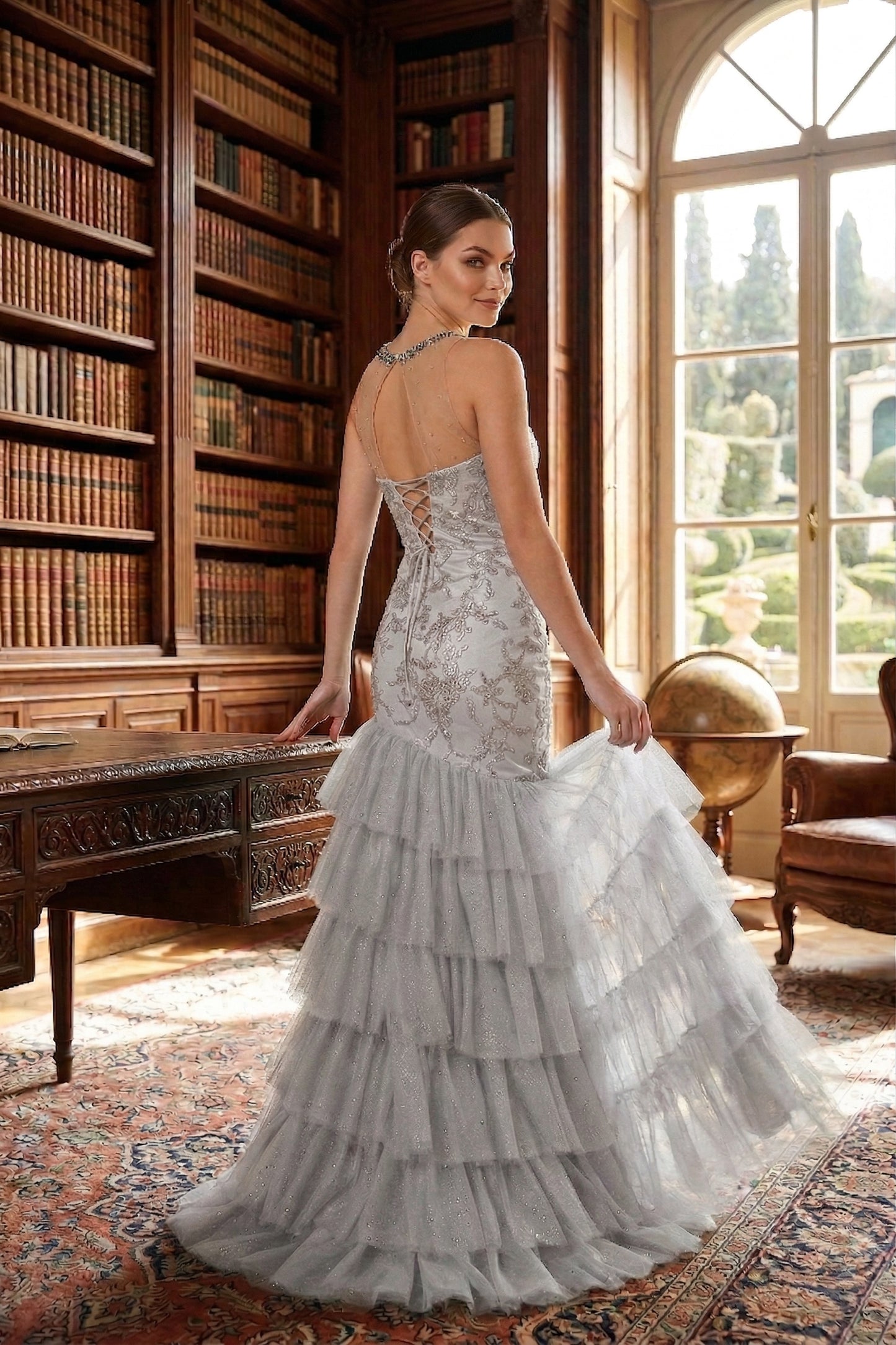 Illusion Neck Beaded Lace Mermaid Prom Dress with Tiered Tulle Skirt | Sevoba