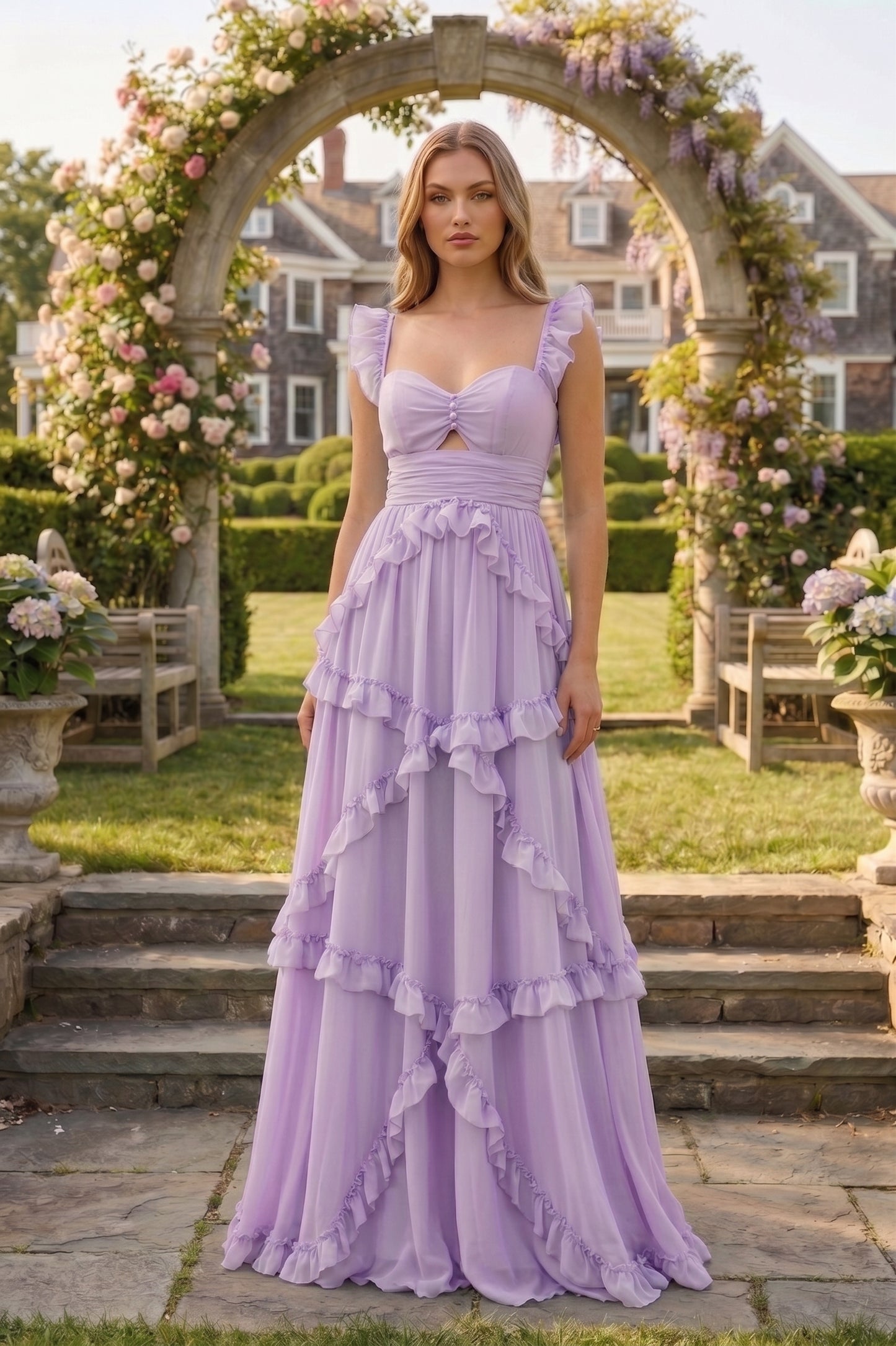 Sweetheart Cutout Ruffle Strap Tiered Chiffon A-Line Prom Dress | Sevoba