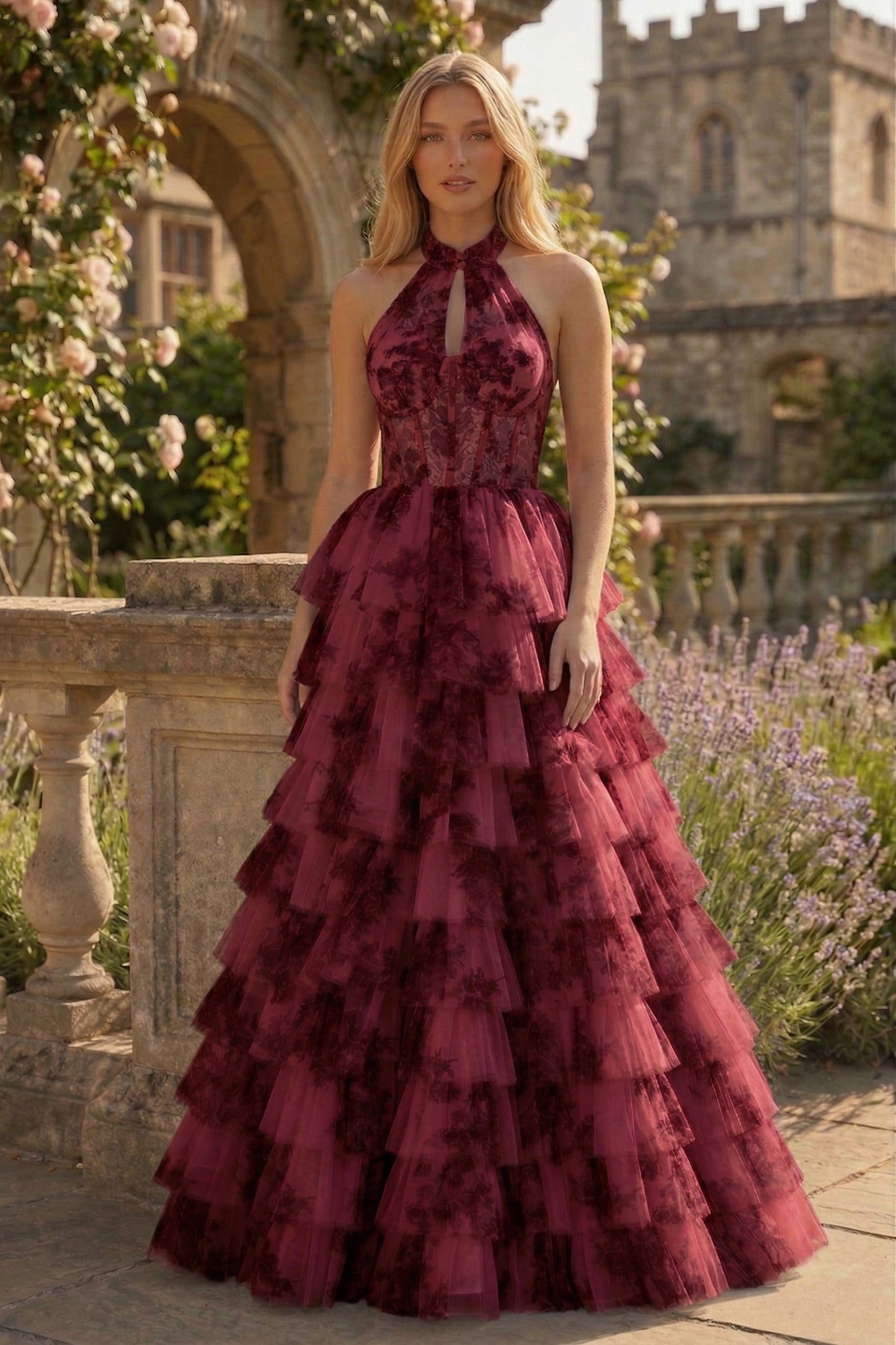 Halter Keyhole Floral Tulle Tiered Ball Gown Prom Dress with Corset Back | Sevoba