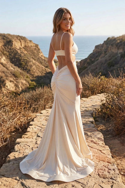 Spaghetti Strap Bow-Front Cutout Mermaid Prom Dress with Ruched Open Back | Sevoba