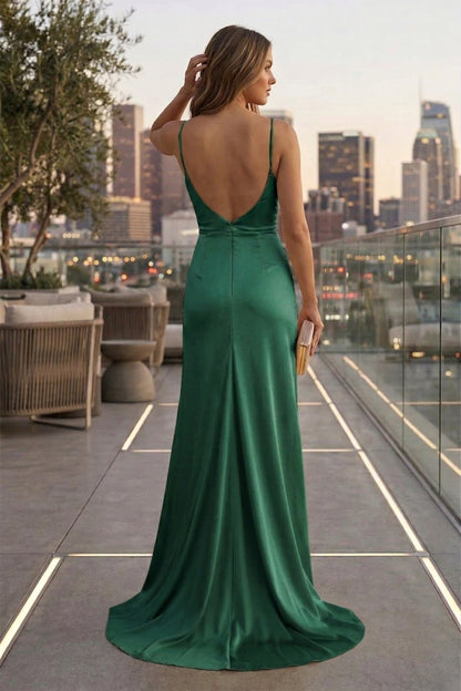 Spaghetti Strap Ruched Sweetheart Satin Mermaid Prom Dress with Low V Back | Sevoba