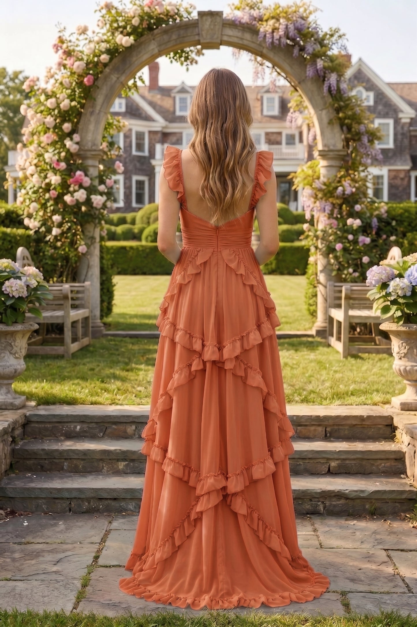 Sweetheart Cutout Ruffle Strap Tiered Chiffon A-Line Prom Dress | Sevoba
