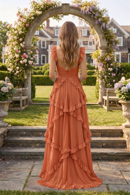 Sweetheart Cutout Ruffle Strap Tiered Chiffon A-Line Prom Dress | Sevoba