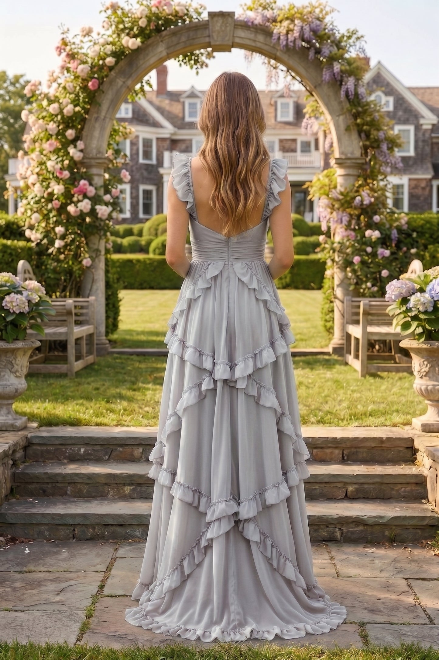 Sweetheart Cutout Ruffle Strap Tiered Chiffon A-Line Prom Dress | Sevoba