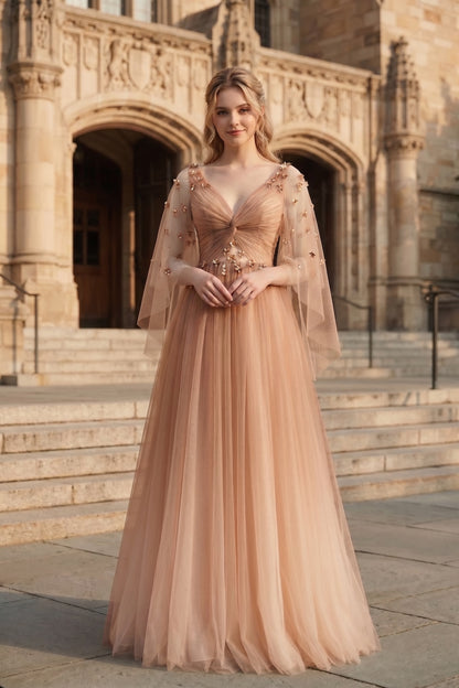 V Neck Applique Tulle A-Line Prom Dress with Sheer Sleeves and Lace-Up Back | Sevoba