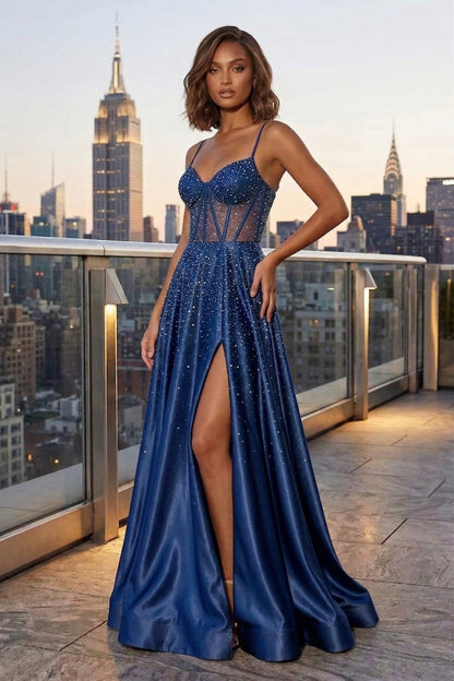Spaghetti Strap Sheer Beaded Corset A-Line Prom Dress with Lace-Up Back & High Slit | Sevoba