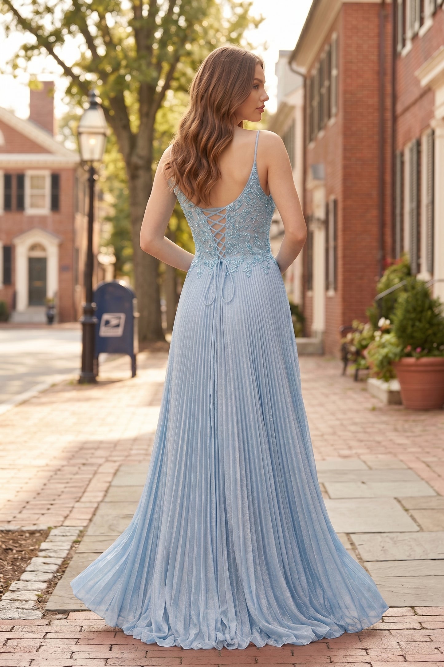 V Neck Applique Lace Pleated A-Line Prom Dress with Lace-Up Back | Sevoba