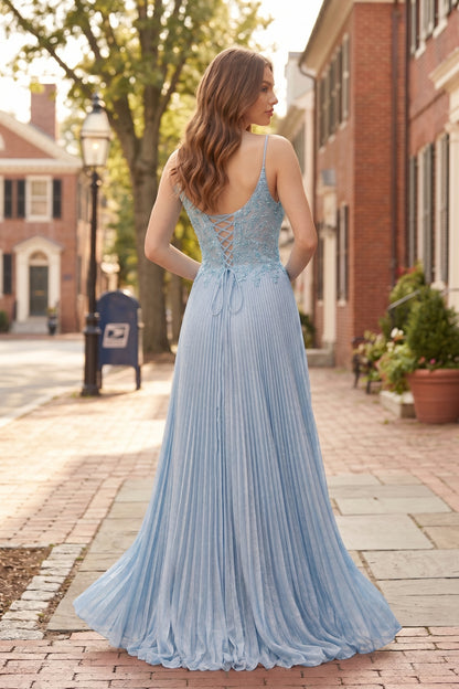 V Neck Applique Lace Pleated A-Line Prom Dress with Lace-Up Back | Sevoba