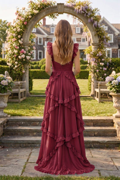 Sweetheart Cutout Ruffle Strap Tiered Chiffon A-Line Prom Dress | Sevoba