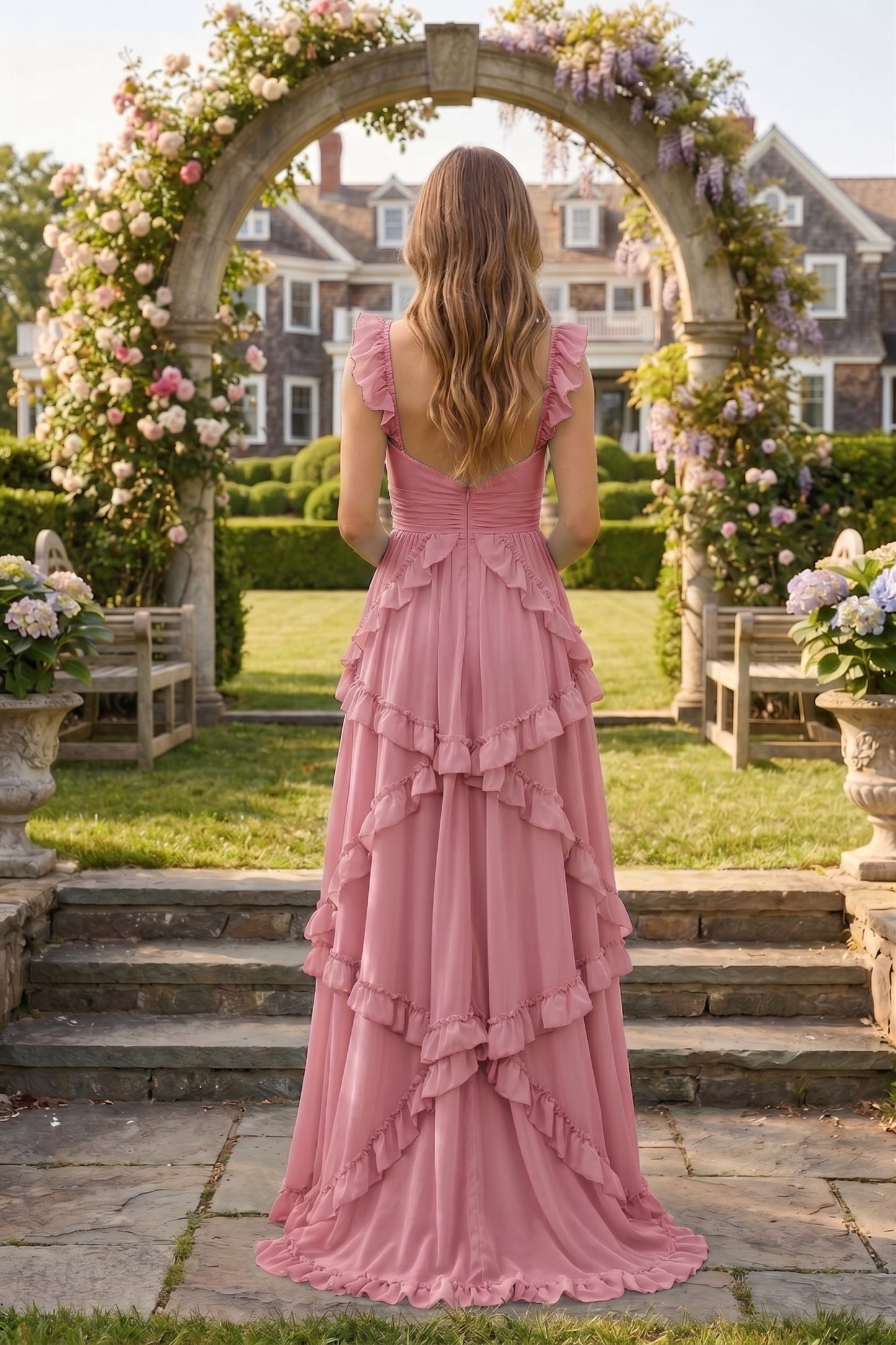 Sweetheart Cutout Ruffle Strap Tiered Chiffon A-Line Prom Dress | Sevoba