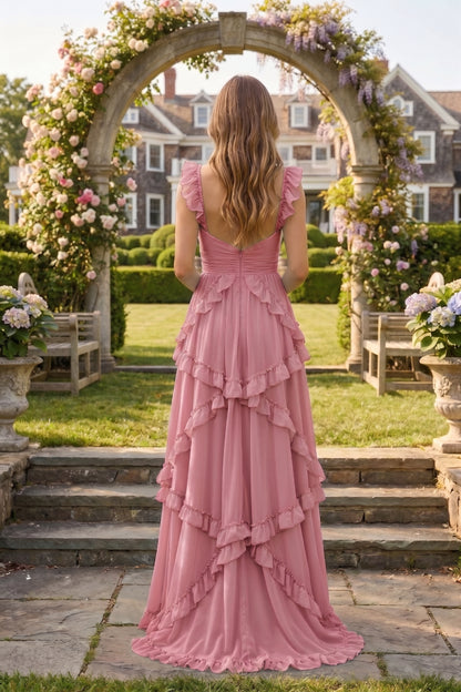Sweetheart Cutout Ruffle Strap Tiered Chiffon A-Line Prom Dress | Sevoba