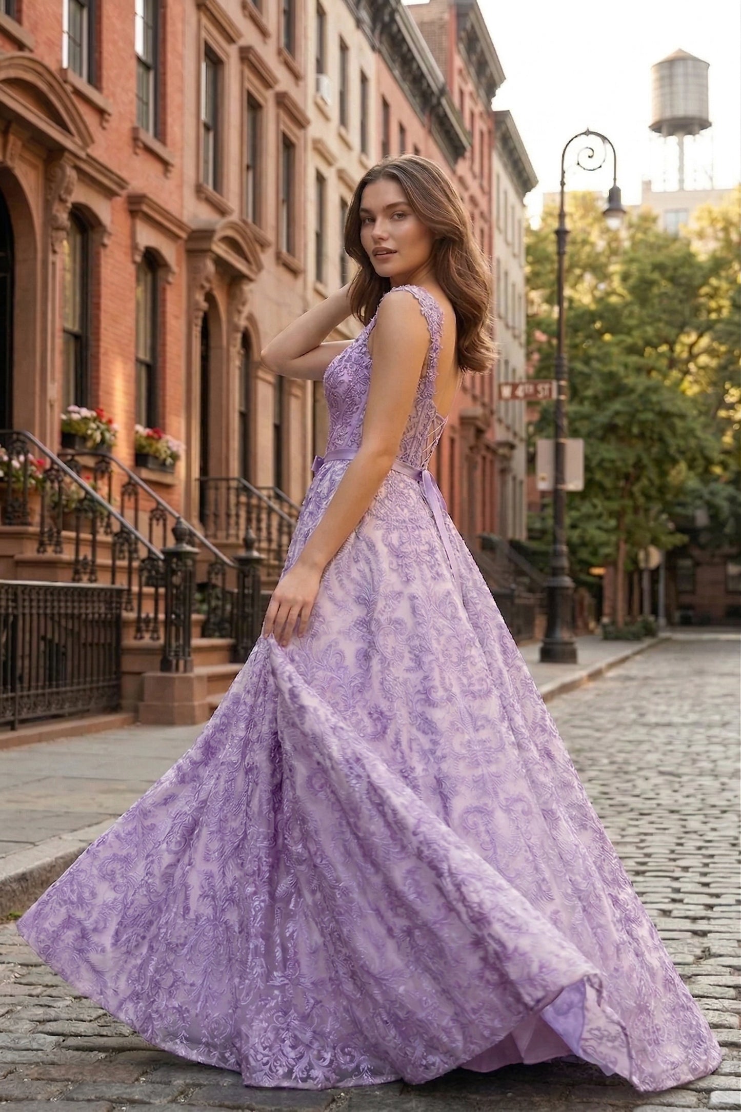 Square Neck Lace Corset A-Line Prom Dress with Satin Bow & Lace-Up Back | Sevoba
