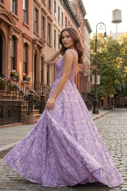 Square Neck Lace Corset A-Line Prom Dress with Satin Bow & Lace-Up Back | Sevoba