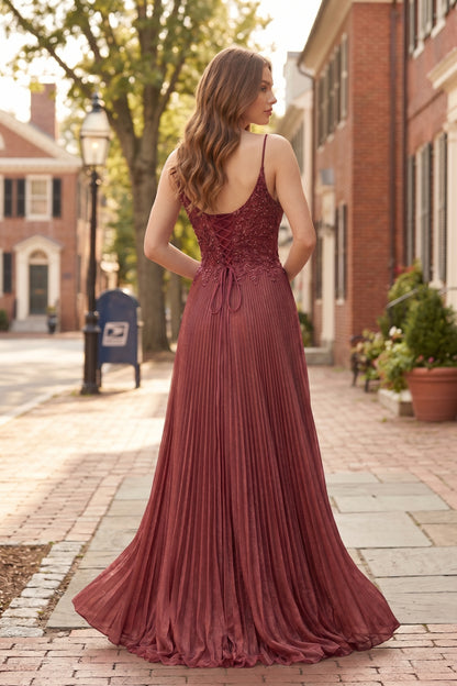 V Neck Applique Lace Pleated A-Line Prom Dress with Lace-Up Back | Sevoba