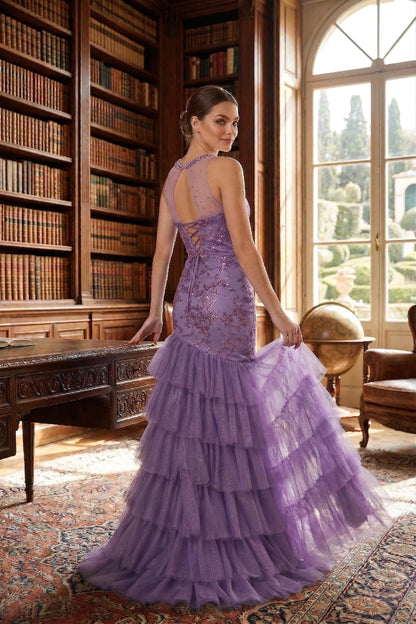 Illusion Neck Beaded Lace Mermaid Prom Dress with Tiered Tulle Skirt | Sevoba
