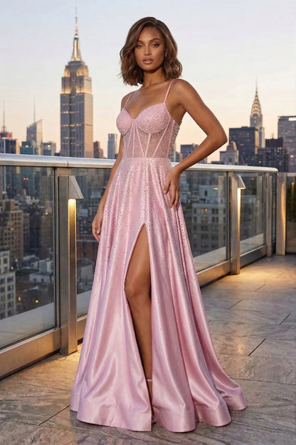 Spaghetti Strap Sheer Beaded Corset A-Line Prom Dress with Lace-Up Back & High Slit | Sevoba