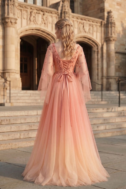 V Neck Applique Tulle A-Line Prom Dress with Sheer Sleeves and Lace-Up Back | Sevoba