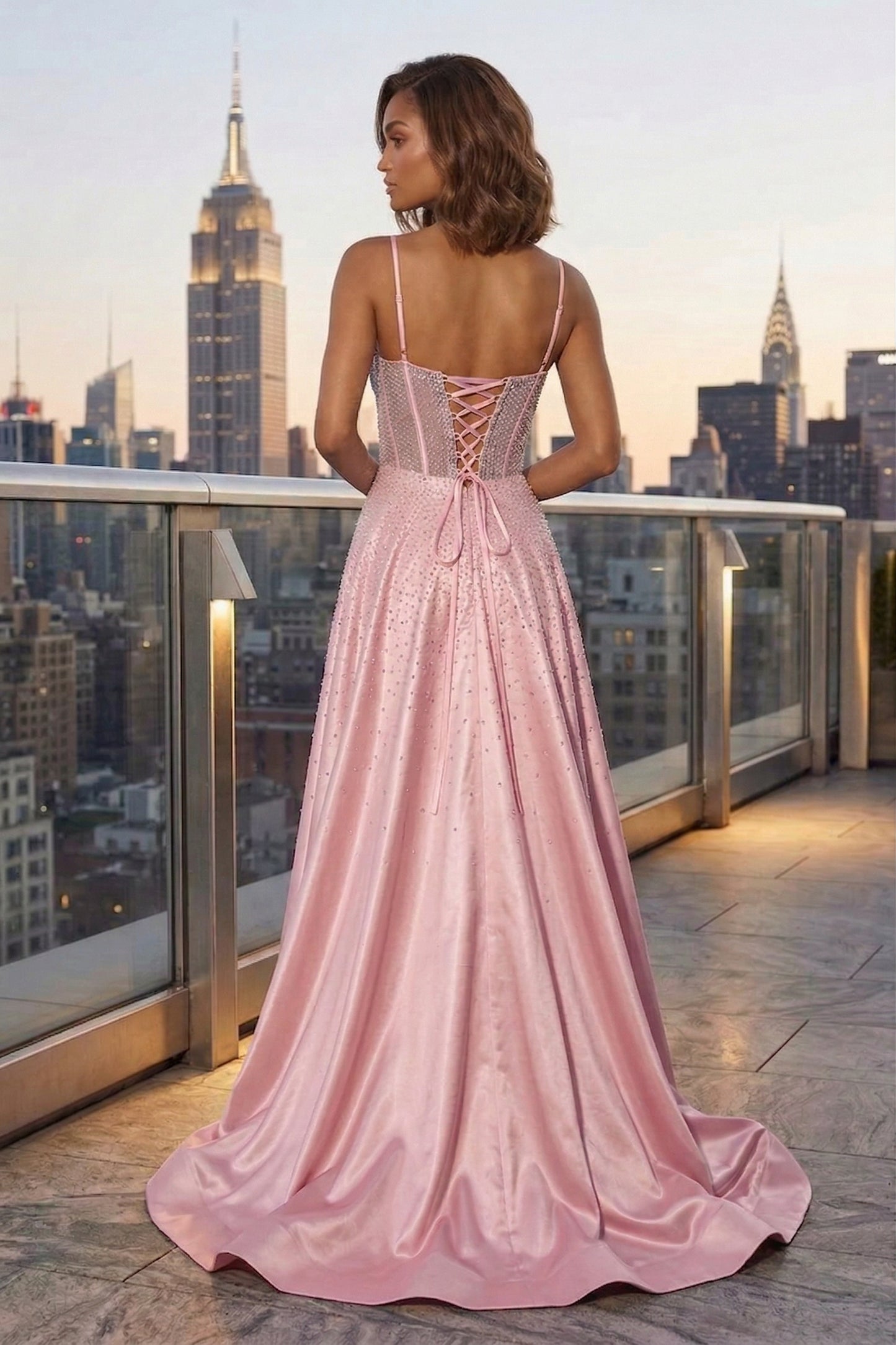 Spaghetti Strap Sheer Beaded Corset A-Line Prom Dress with Lace-Up Back & High Slit | Sevoba
