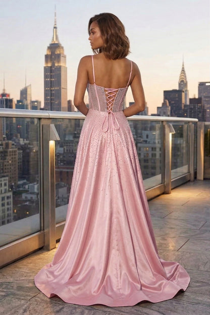 Spaghetti Strap Sheer Beaded Corset A-Line Prom Dress with Lace-Up Back & High Slit | Sevoba