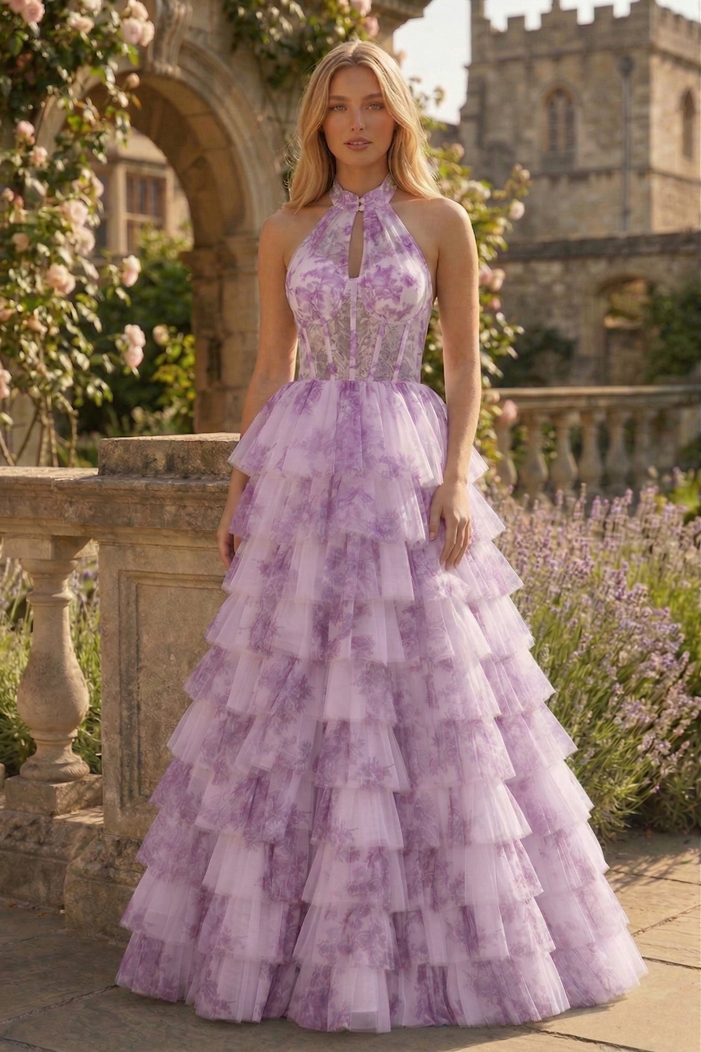 Halter Keyhole Floral Tulle Tiered Ball Gown Prom Dress with Corset Back | Sevoba