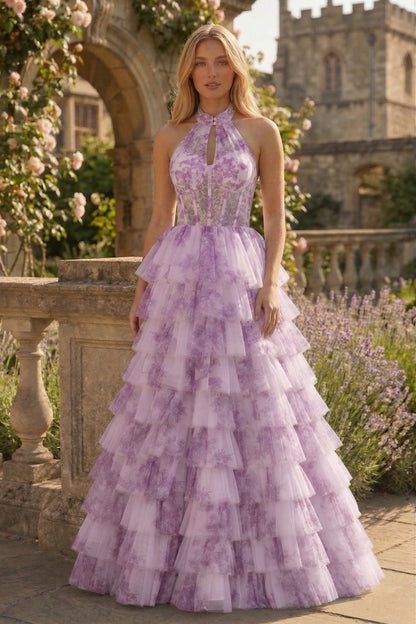 Halter Keyhole Floral Tulle Tiered Ball Gown Prom Dress with Corset Back | Sevoba