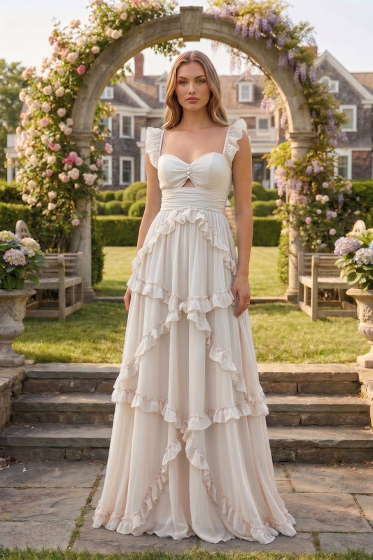 Sweetheart Cutout Ruffle Strap Tiered Chiffon A-Line Prom Dress | Sevoba
