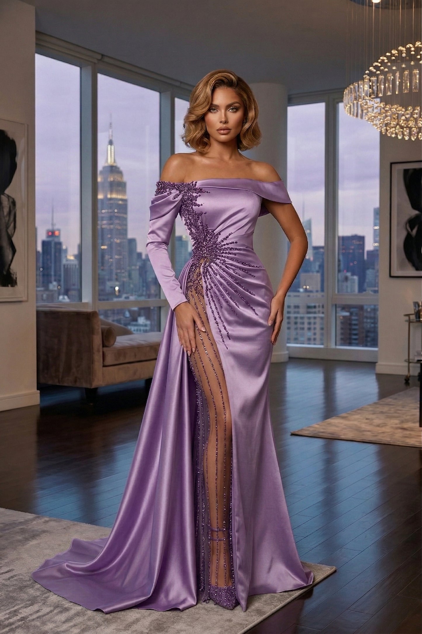 Off-the-Shoulder Long Sleeve Satin Mermaid Prom Dress with Beaded Slit | Sevoba