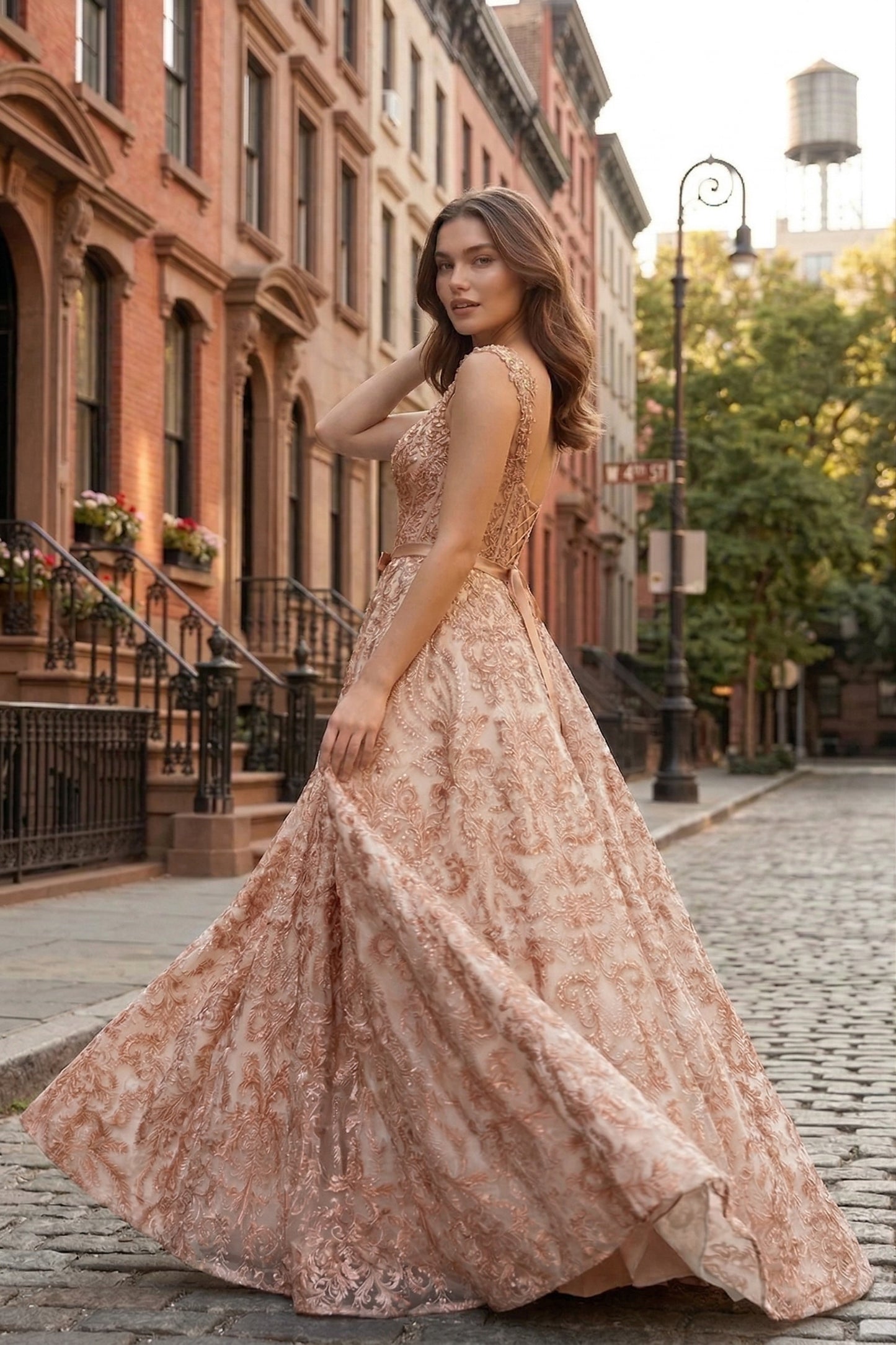 Square Neck Lace Corset A-Line Prom Dress with Satin Bow & Lace-Up Back | Sevoba