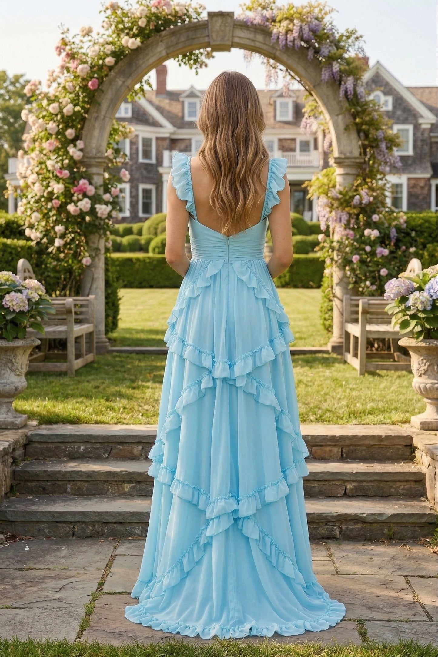 Sweetheart Cutout Ruffle Strap Tiered Chiffon A-Line Prom Dress | Sevoba