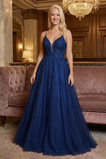 Glitter Tulle Spaghetti Strap Lace Applique Corset Prom Dress | Sevoba