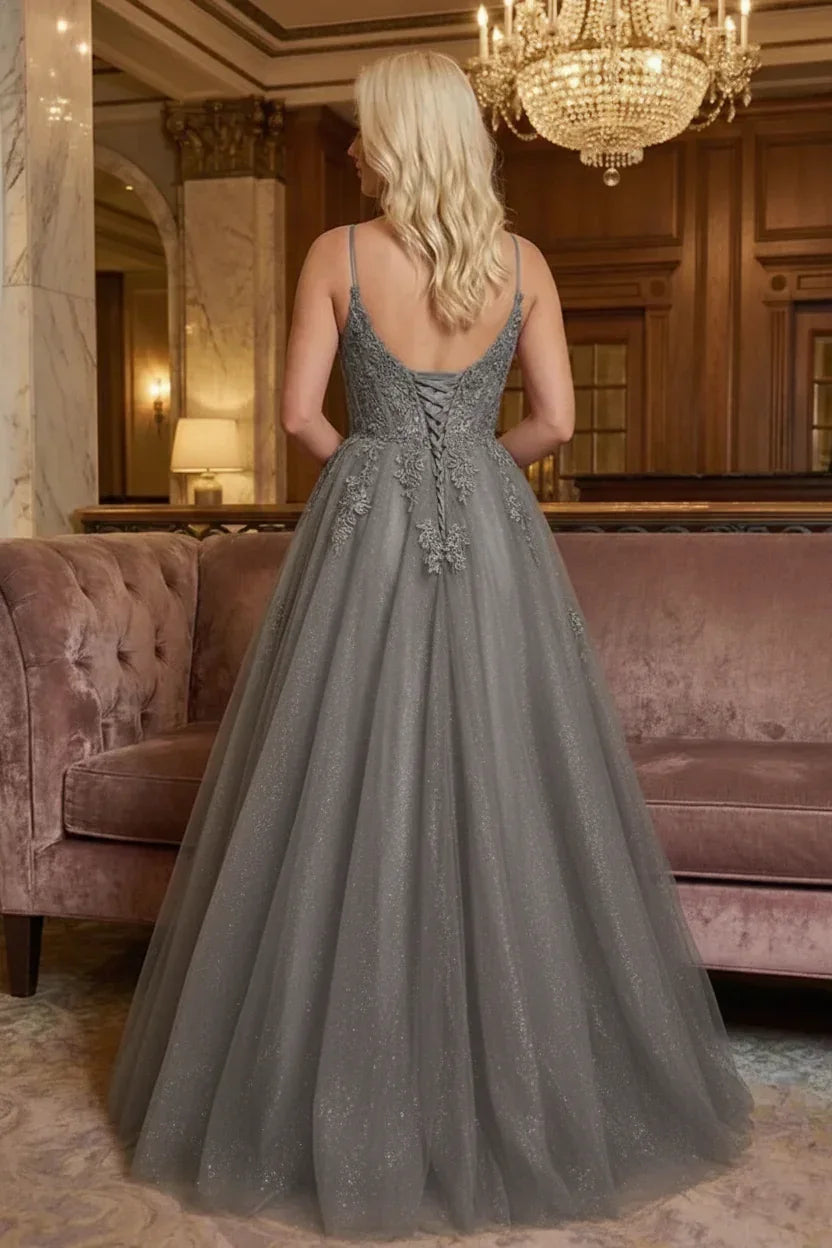 Glitter Tulle Spaghetti Strap Lace Applique Corset Prom Dress | Sevoba